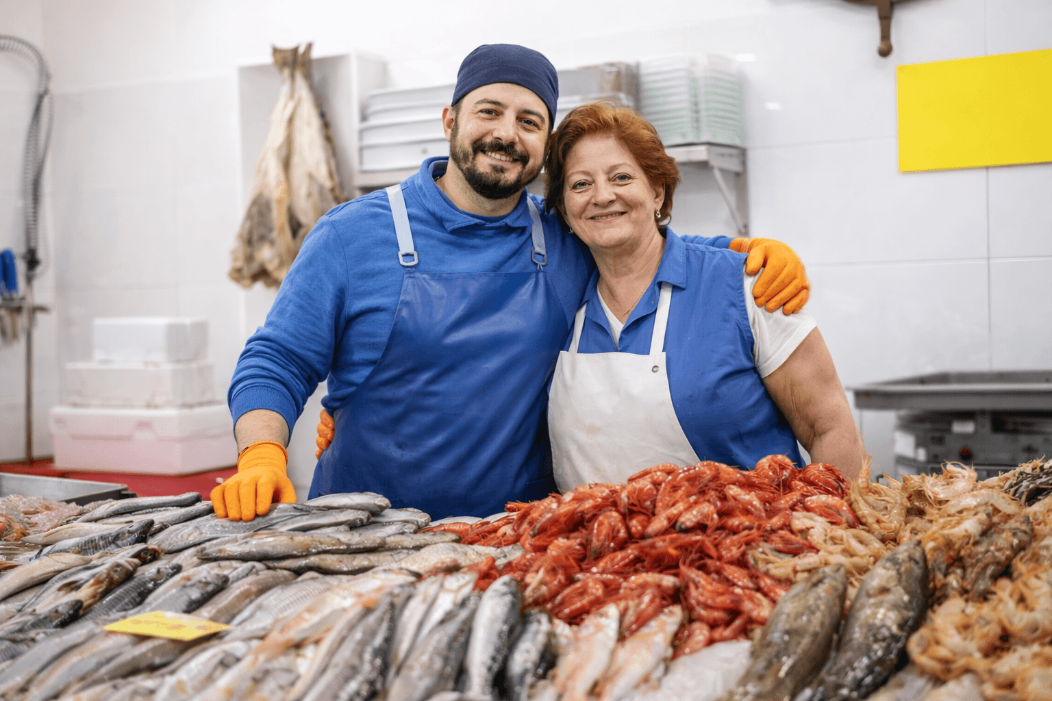 La famille Sam.Marin à l'étal de la poissonnerie